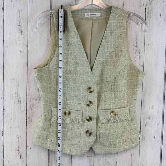 Avec Les Filles Green Textured Tweed Suit Vest Fringe Pockets V-Neck Size Small - Picture 12 of 13